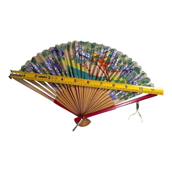 Vintage Hand-Painted Wooden Folding Fan Purple Wisteria Floral Landscape READ - Picture 5 of 10